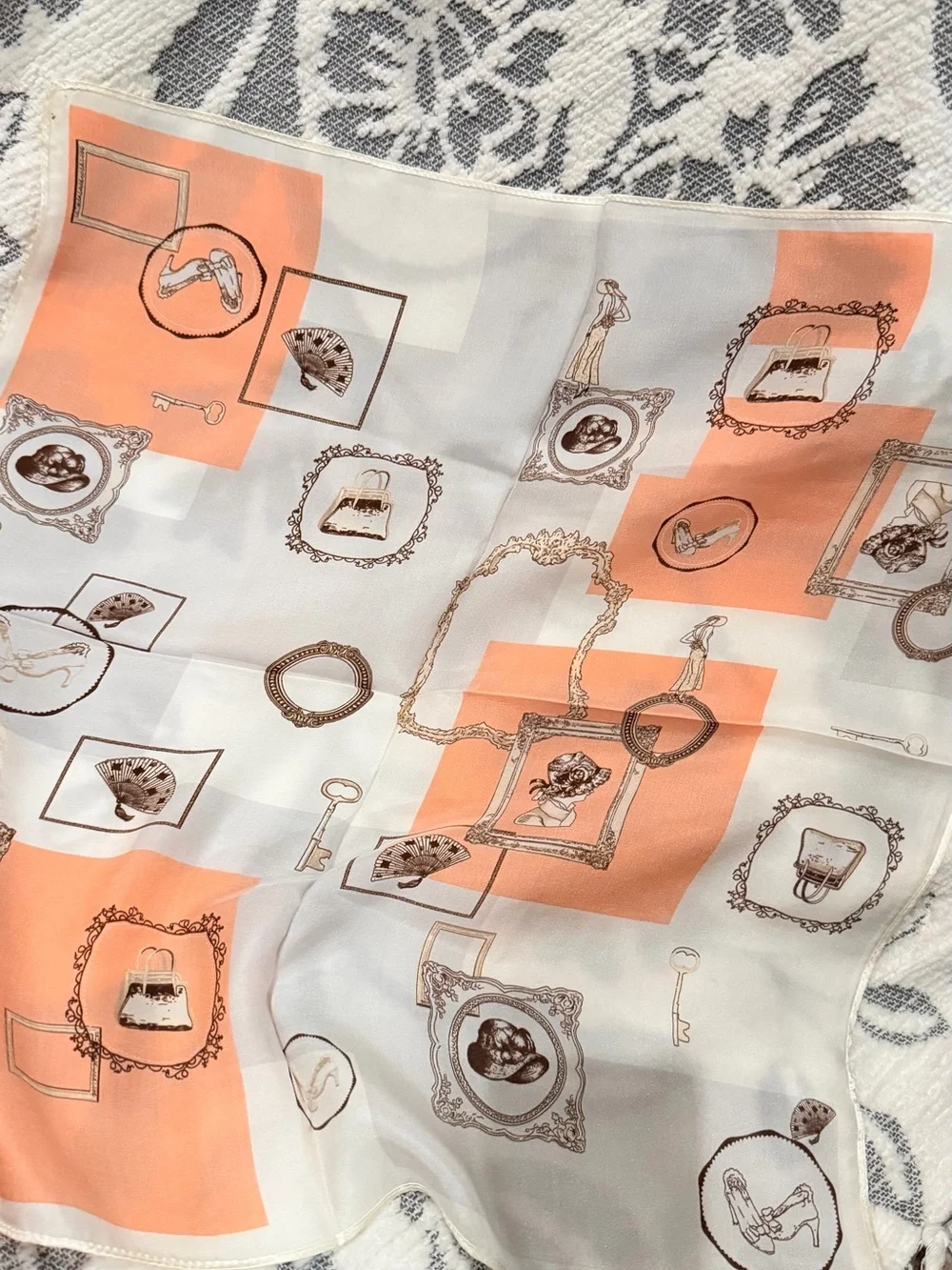 New 100% silk Framed Motif Silk Scarf in Cream, Brown & Coral Accent